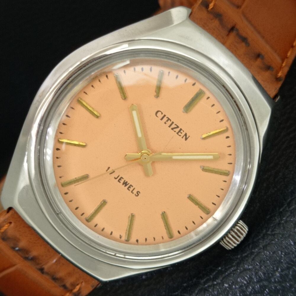 Vintage 1970 Citizen Manual Wound Mens Silver Watch & Orange accents